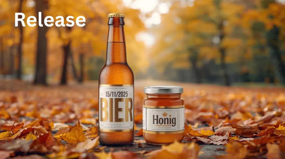 Bierflasche und Honigglas mit Ablaufdatum auf dem Etikett