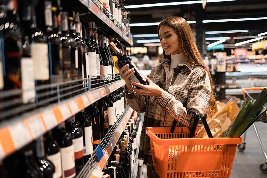 Frau vor Wein-Regal im Supermarkt