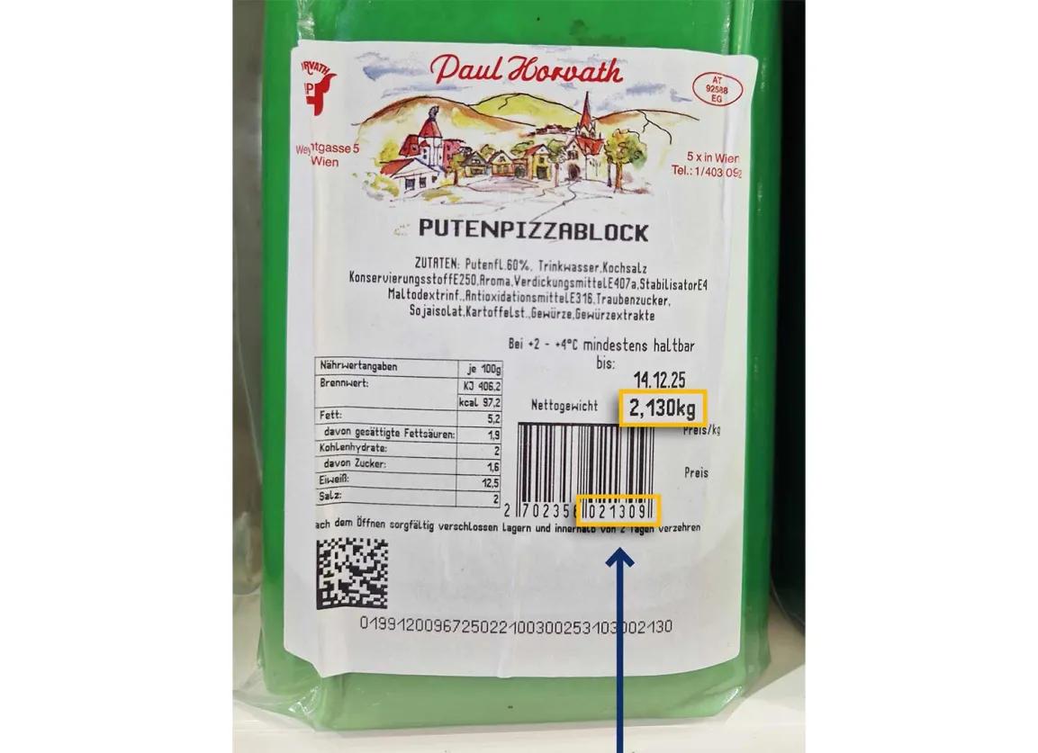 Etikett mit HPID auf gewichtsvariablem Putenpizzablock