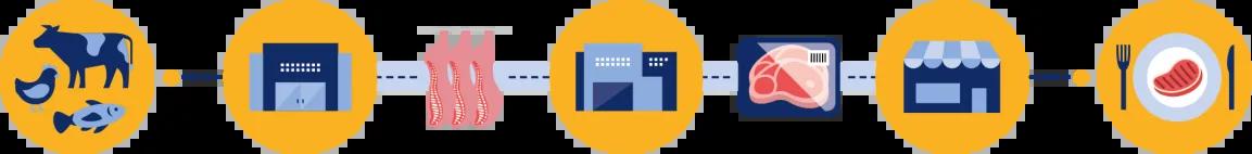 Grafik zeigt den Prozess der Verarbeitung von Fleisch, den GS1 Trace begleitet