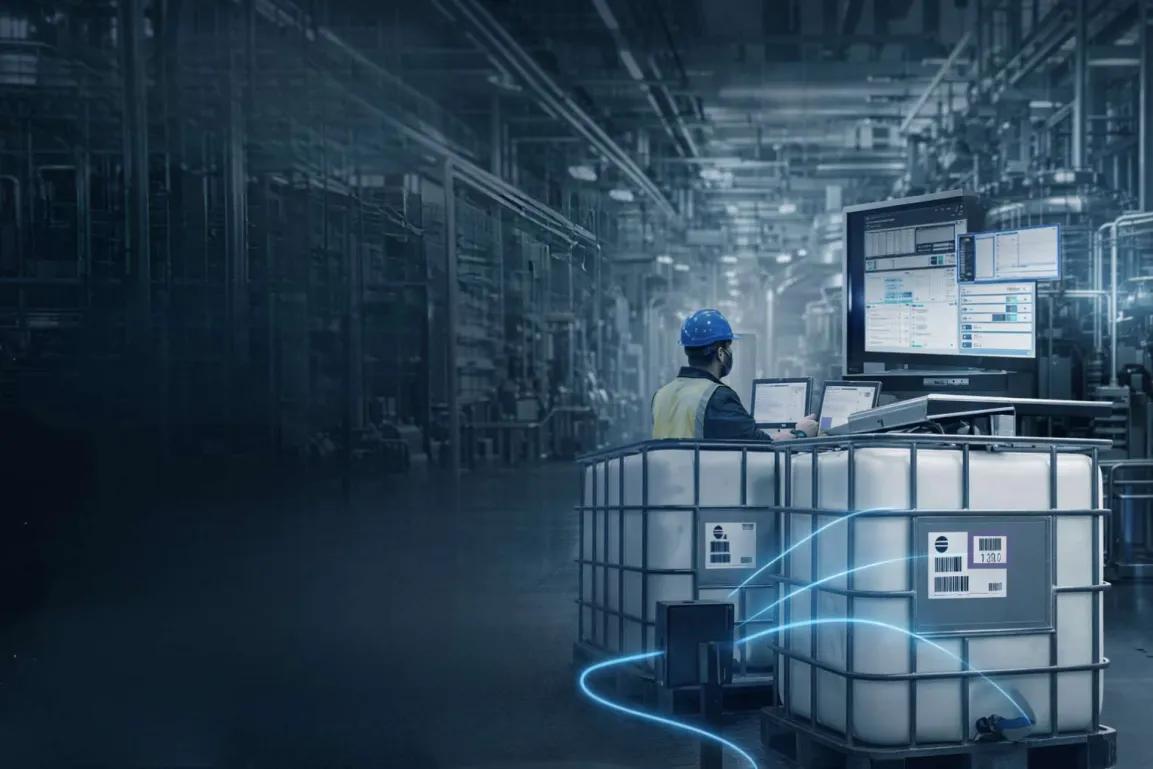 Person in Lager-Umgebung steht vor Monitoren