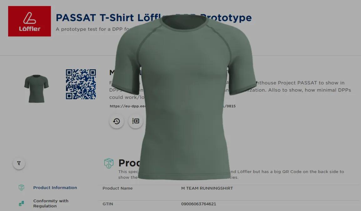 DPP Demonstrator - Ein Beispiel, wie der DPP im Demonstrator für ein T-Shirt aus dem österreichischen Leuchtturmprojekt PASSAT aussehen könnte. 