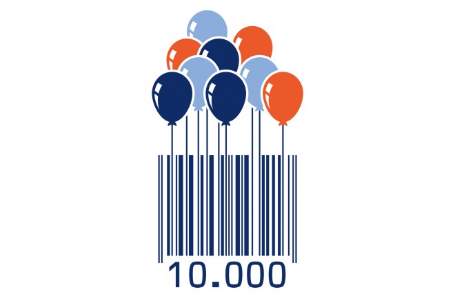 Strichcode für den 10.000 Kunden mit bunten Luftballons