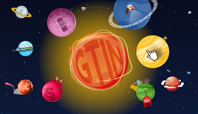 Das GTIN-Universum Grafik die ein Universum darstellt mit einem GTIN-Planet in der Mitte