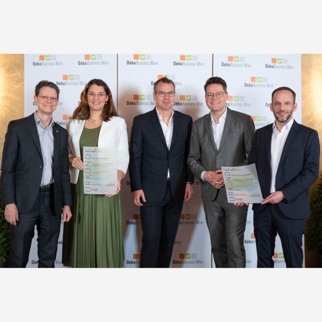Auszeichnung: GS1 und EDITEL als OekoBusiness Wien Gruppenfoto GS1-EDITEL-OekoBusiness Wien
