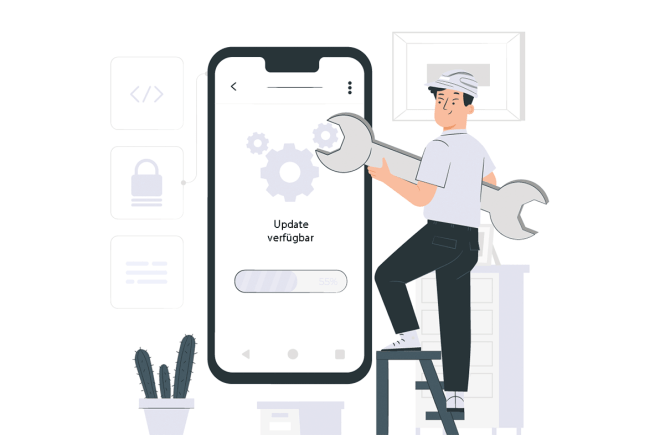 Handwerker schraubt an verfügbaren Updates Handwerker schraubt an verfügbaren Updates
