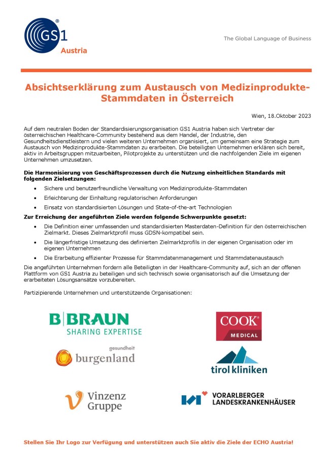 Absichtserklärung zum Austausch für Medizinprodukte-Stammdaten in Österreich