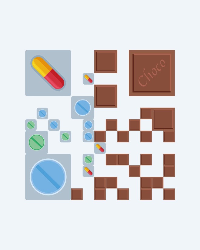 Illustration eines 2D Codes aus Medikamenten und Schokolade