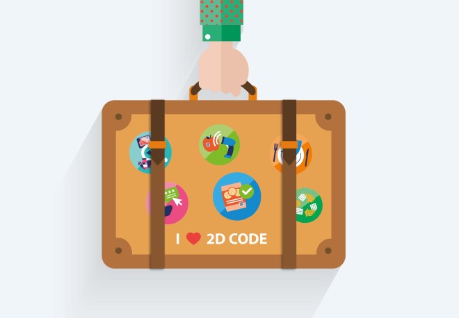 Illustration eines Koffers mit Stickern und der Aufschrift "I love 2D Codes"