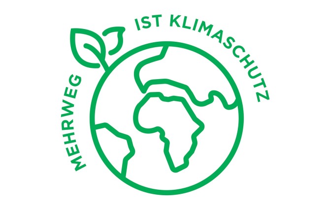 Illustration "Mehrweg ist Klimaschutz" mit einem Globus und einem abstrakten wachsenden Pflänzchen
