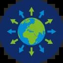 Icon zeigt Weltkugel mit blauen und grünen Pfeilen